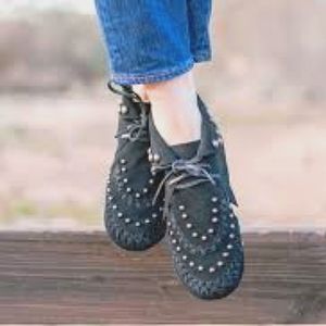 FREE PEOPLE BIRDS OF FLIGHT BLACK SUEDE MACA STUDDED MOCCASIN BOOTS